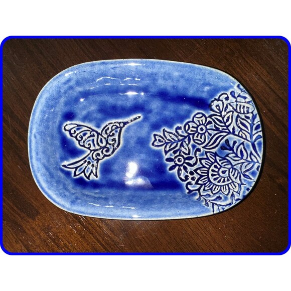 Handmade Ceramic Pottery Tray Deep Blue Color Hummingbird w/ Floral Pattern - Picture 1 of 4